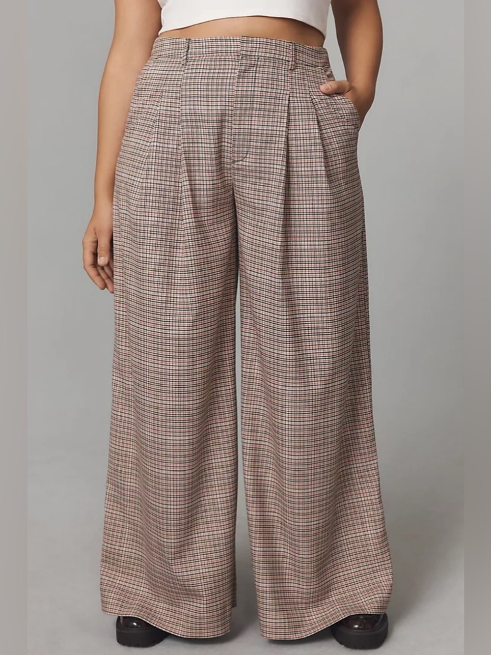 Maeve The Avery Pleated Wide-Leg Trousers Plaid in Ivory Combo - Size 8 - Picture 5 of 12